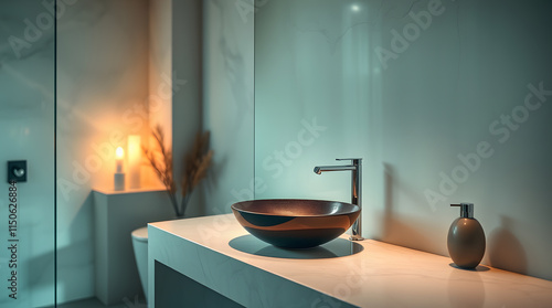 Stylish vessel sink on light countertop in modern bathroom