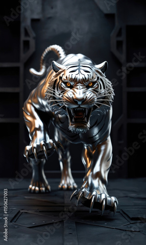 Obraz na płótnie Majestic metallic tiger with sharp claws and glowing eyes in a dark background w salonie