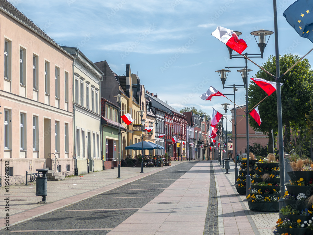 Summer cityscape of Czarnków, Wielkopolska, Poland. View of Old Town street at Plac Wolności
