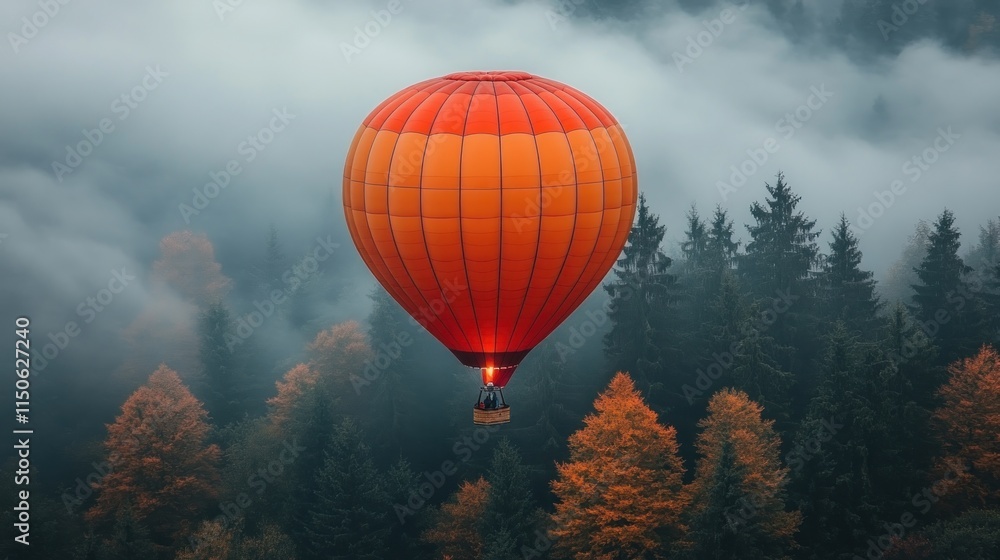 A vibrant hot air balloon floats over a misty forest in autumn. A vibrant hot air balloon floats over a misty forest in autumn.