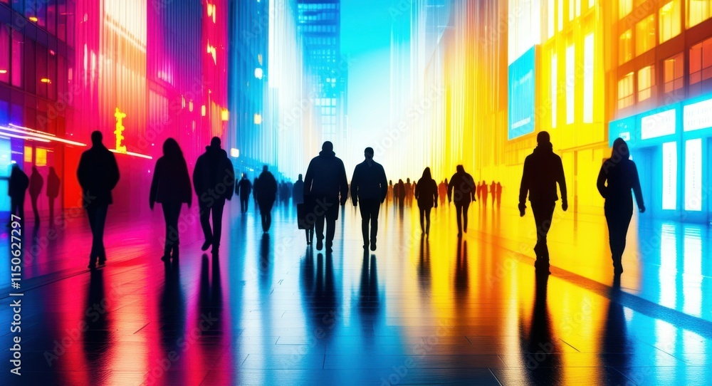 urban cityscape, silhouettes of people walking, vibrant colorful background, neon lights, futuristic city, reflective surfaces, motion blur, dynamic composition, crowded street scene, high contrast, c urban cityscape, silhouettes of people walking, vibrant colorful background, neon lights, futuristic city, reflective surfaces, motion blur, dynamic composition, crowded street scene, high contrast, c