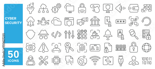 Set of 50 line icons related to cyber security, safety, website, data, protection, network, code, defense, encryption, Editable stroke. Vector illustration
