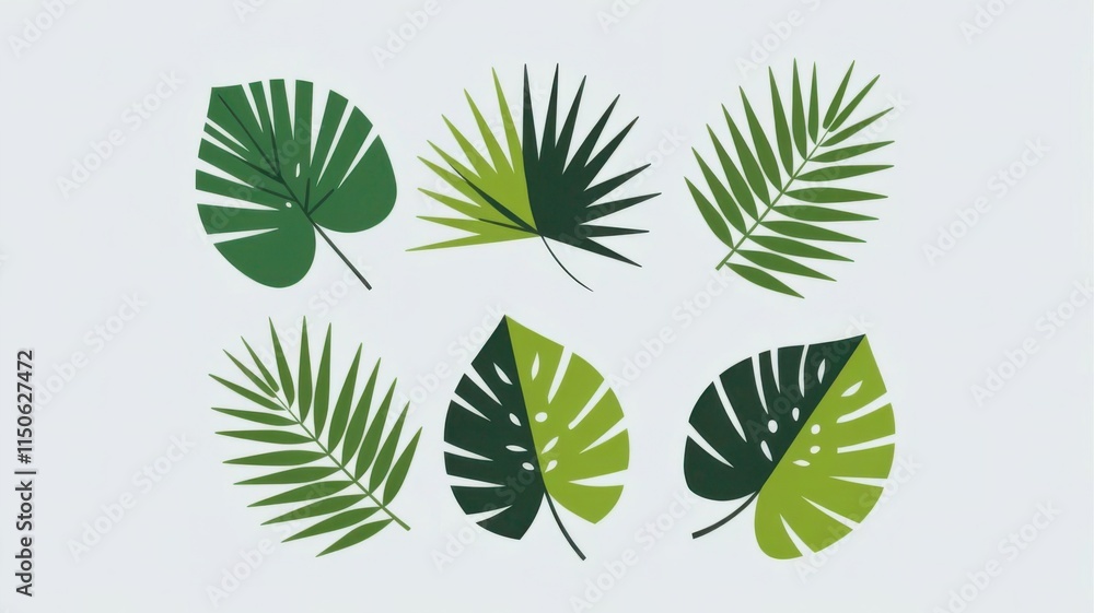 Collection of Green Leaves in Various Shapes on a Light Background Collection of Green Leaves in Various Shapes on a Light Background