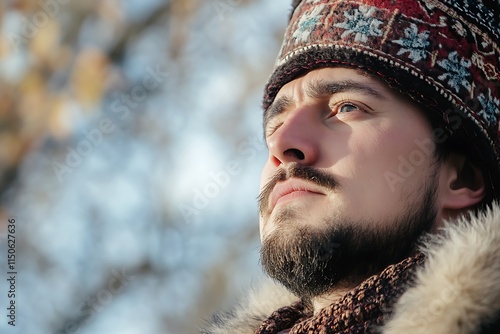 Hunter wearing traditional clothing and fur is looking up in a forest during winter photo