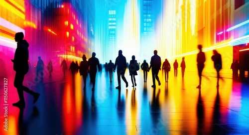 urban cityscape, silhouettes of people walking, vibrant colorful background, neon lights, futuristic city, reflective surfaces, motion blur, dynamic composition, crowded street scene, high contrast, c