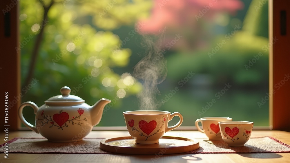 Fototapeta premium Heart Teacups, Sunny Garden View