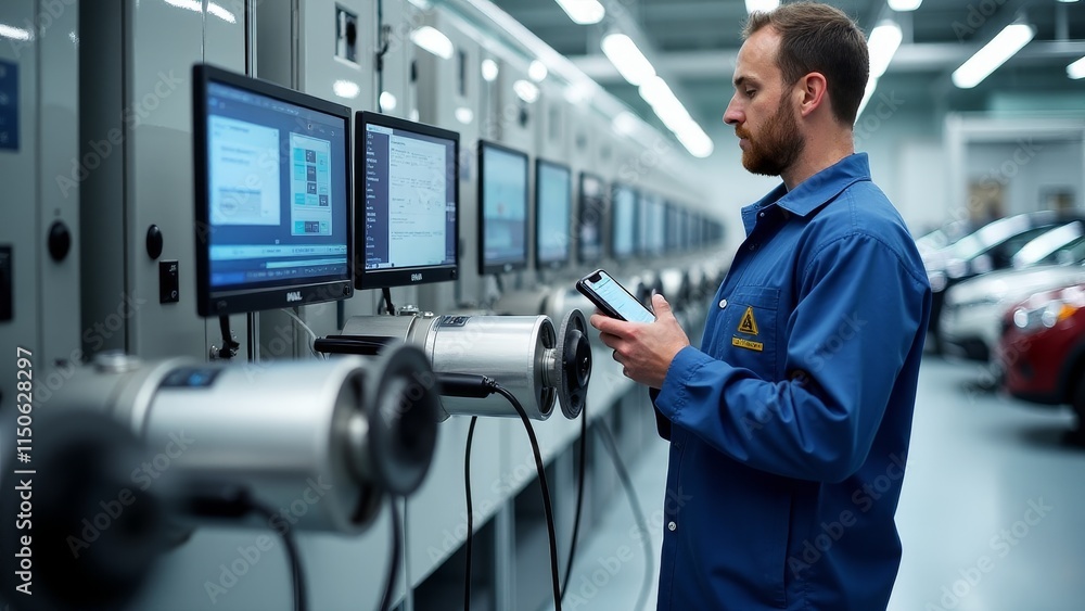 Engineers programming advanced control units for electric vehicle motors