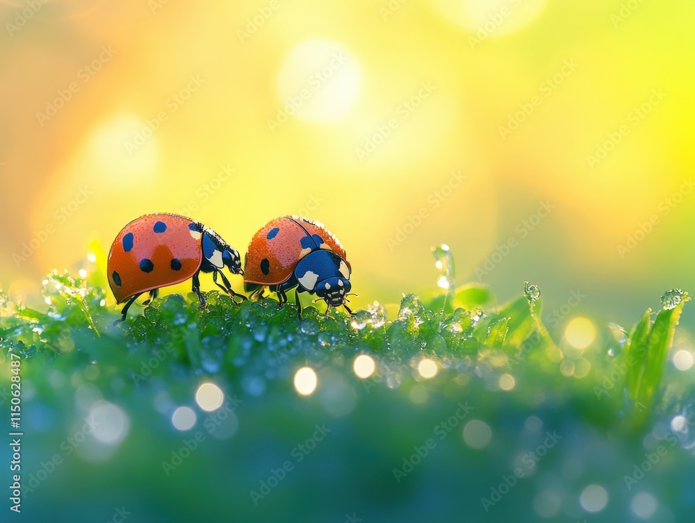 Charming Ladybugs on Dewy Grass at Sunrise Charming Ladybugs on Dewy Grass at Sunrise