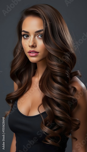 Wallpaper Mural Brunette  girl with long  and   shiny wavy hair .  Beautiful  model with curly hairstyle, detailed, with white tones Torontodigital.ca