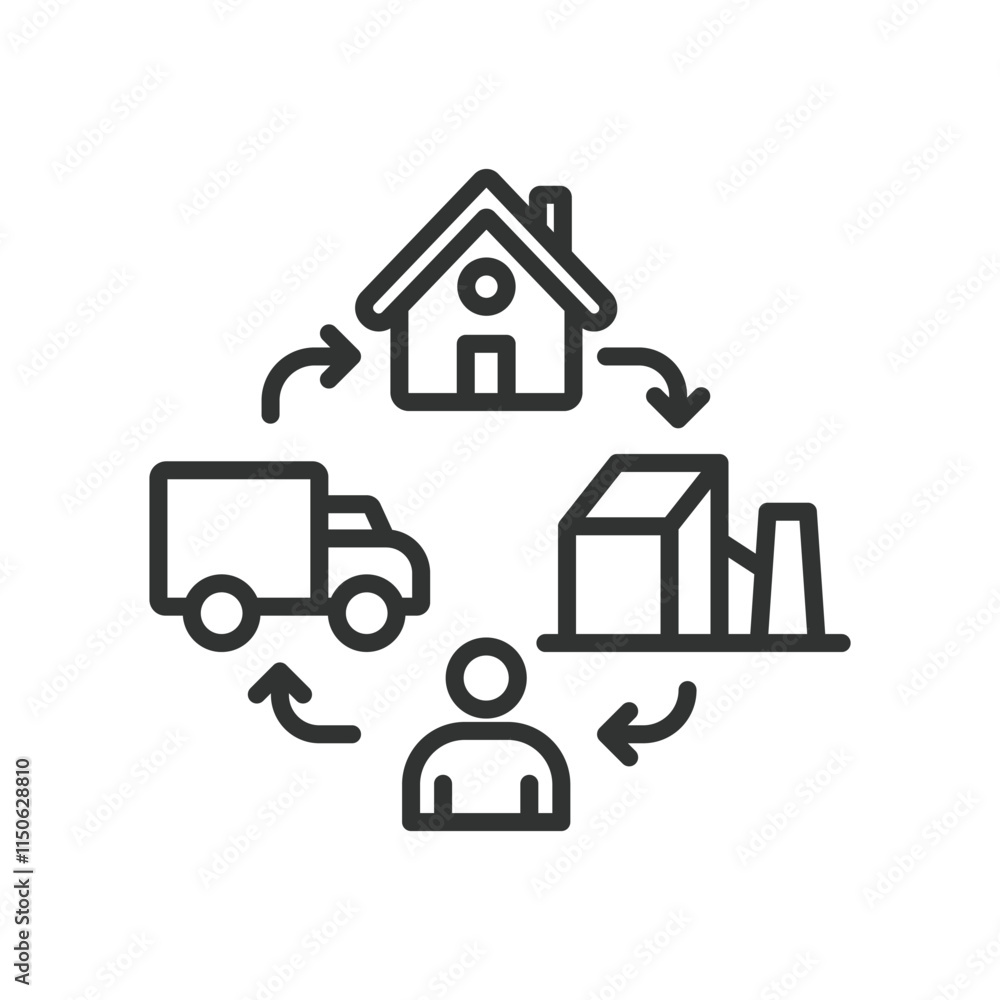 Consumption cycle, icon in line design. Consumption, cycle, process, waste, resources, energy, sustainability on white background vector. Consumption cycle editable stroke icon