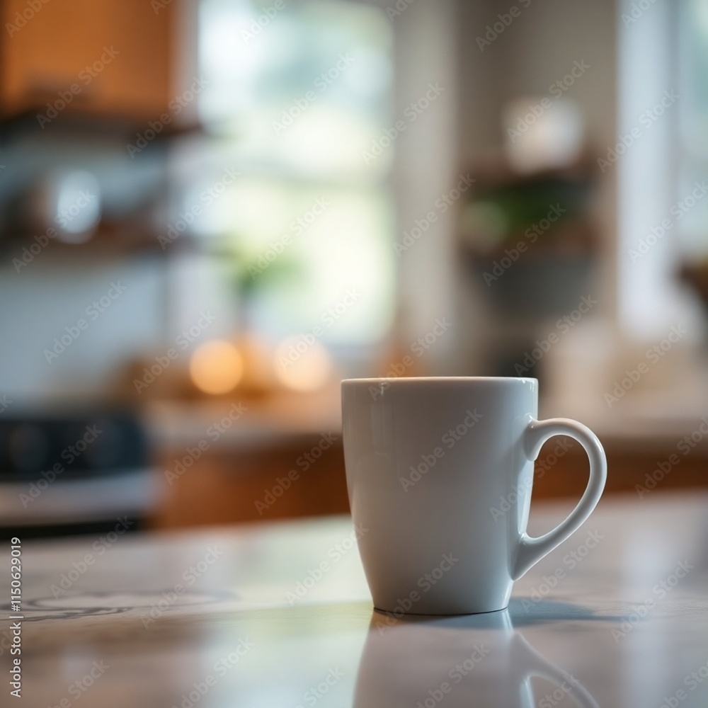 A photograph of a coffee cup on a kitchen counter, sharp focus on the cup with a blurred bokeh background effect, soft lighting, warm color palette, shallow depth of field A photograph of a coffee cup on a kitchen counter, sharp focus on the cup with a blurred bokeh background effect, soft lighting, warm color palette, shallow depth of field