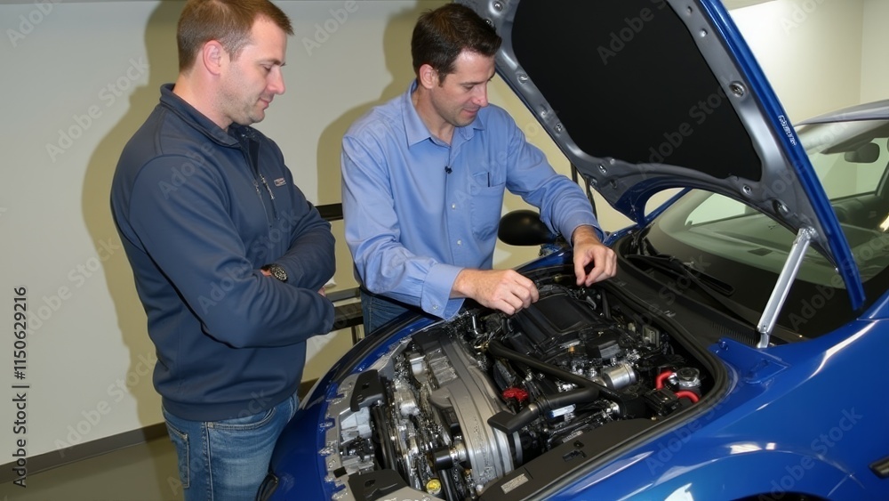 Technicians performing quality checks on propulsion systems for electric vehicles Technicians performing quality checks on propulsion systems for electric vehicles