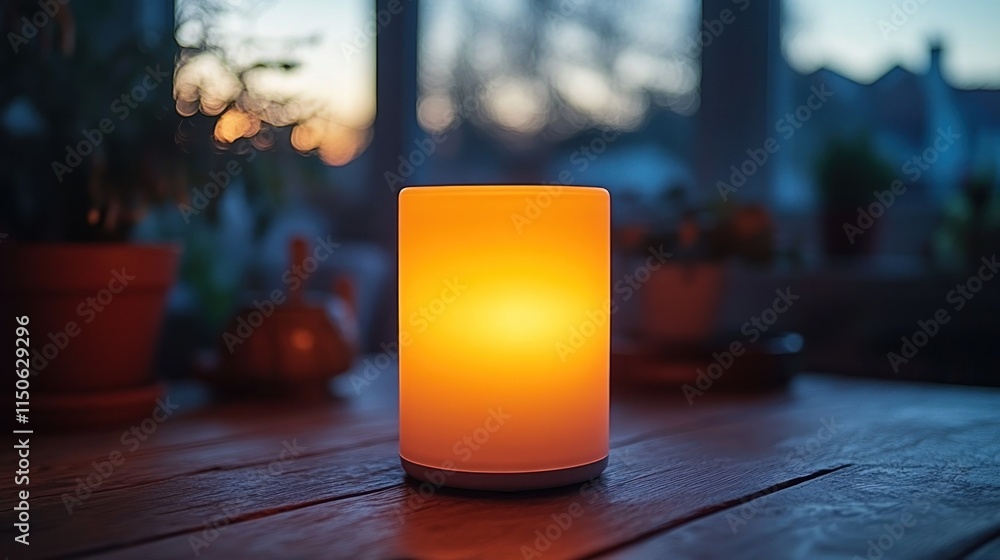 Warm, soft light from a modern candle lamp on a wooden table, with out-of-focus plants and sunset in the background. Warm, soft light from a modern candle lamp on a wooden table, with out-of-focus plants and sunset in the background.