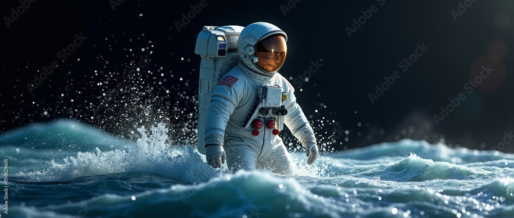 Naklejka premium Astronaut in a spacesuit enters the water.