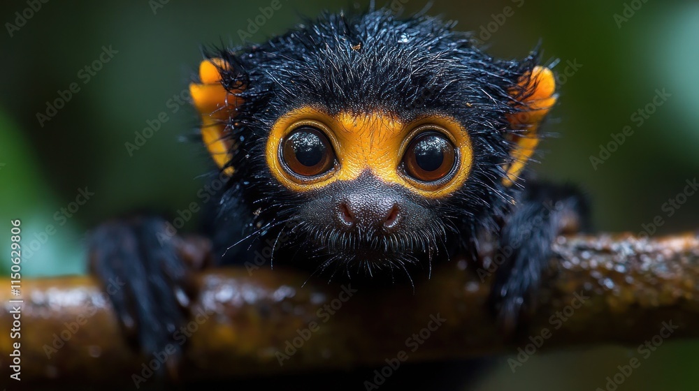 Wet, black monkey with large, orange eyes, looking directly at camera, perched on a branch in a lush, green forest. Wet, black monkey with large, orange eyes, looking directly at camera, perched on a branch in a lush, green forest.