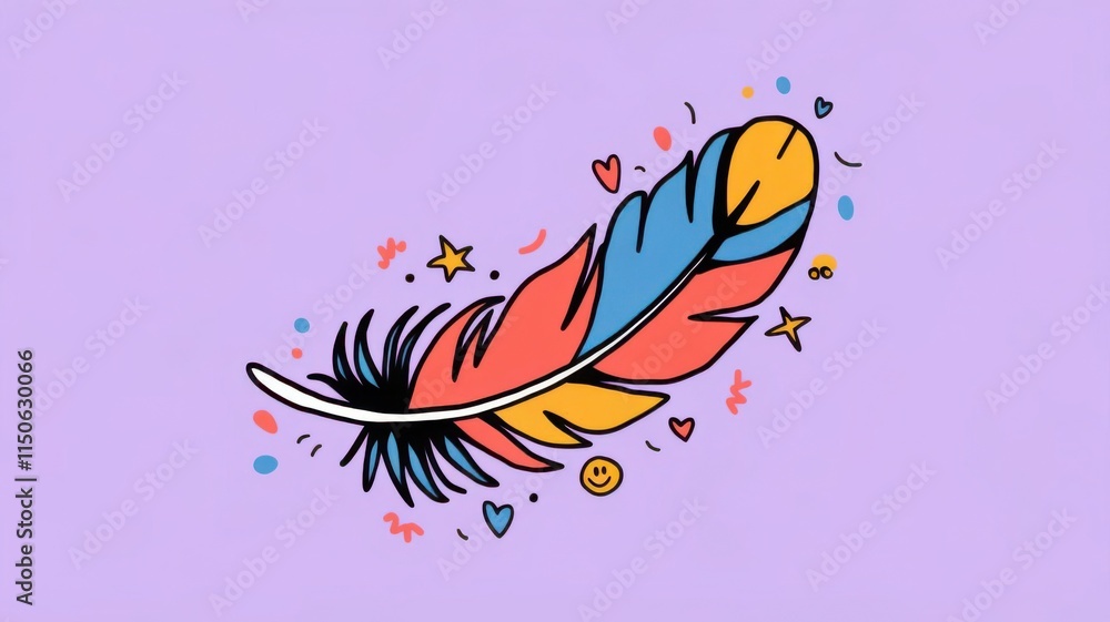 Fototapeta premium Colorful Cartoon Feather with Fun Doodles on a Lavender Background