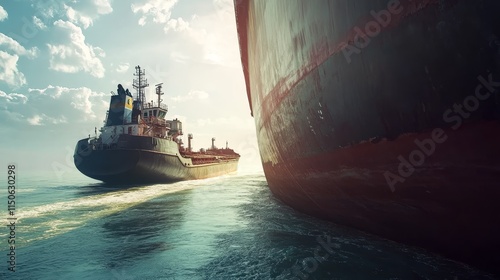 A tugboat maneuvering alongside a large cargo ship in a harbor setting.