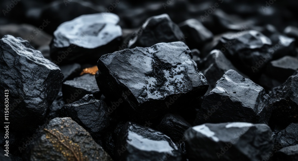 Coal chunks, rocky texture, black stones, industrial raw material, green leaf contrast, dark background, close-up photography, rough surfaces, mineral deposits, energy resource, environmental impact, Coal chunks, rocky texture, black stones, industrial raw material, green leaf contrast, dark background, close-up photography, rough surfaces, mineral deposits, energy resource, environmental impact,