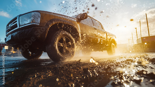 A wide-angle shot of a high-pressure car wash cleaning a pickup truck.