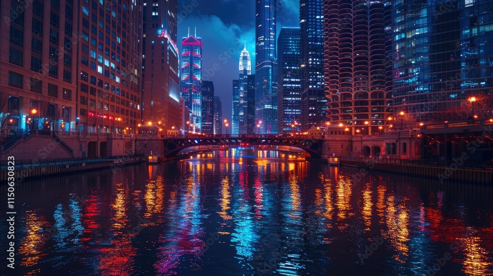 A wide shot of fireworks lighting up the night sky over an urban river A wide shot of fireworks lighting up the night sky over an urban river