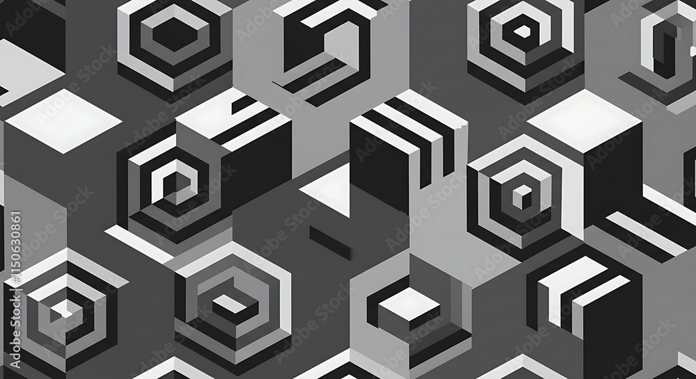 Intricate hexagonal 3D geometric pattern. Black and white isometric shapes and cubes. Abstract grayscale design. Intricate hexagonal 3D geometric pattern. Black and white isometric shapes and cubes. Abstract grayscale design.