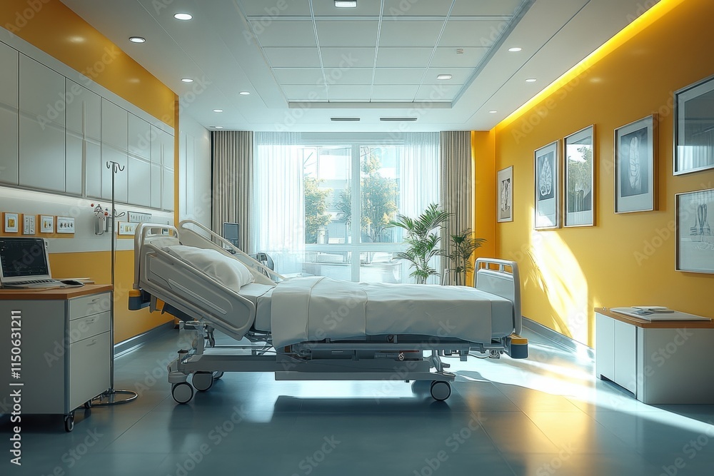 Modern hospital room with sunlight streaming in during daytime Modern hospital room with sunlight streaming in during daytime