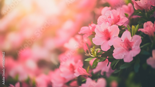 A blurred analog shot of a blooming azalea bush.