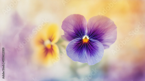 A blurry analog photo of a pansy flower in vibrant hues. photo