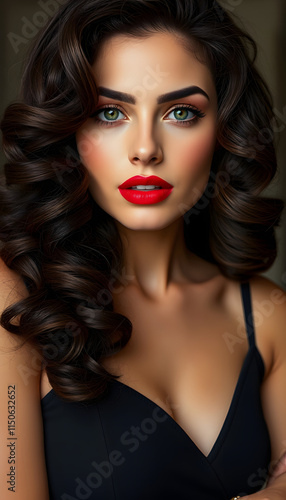 Wallpaper Mural Beautiful brunette model: curls, classic makeup and red lips. The beauty face, hyperrealism, with white tones Torontodigital.ca