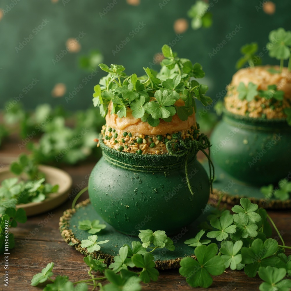 Two green vases with green leaves on top of them Two green vases with green leaves on top of them