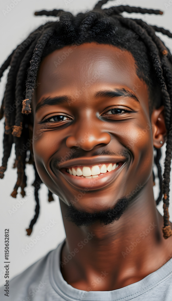 Portrait of a smiling young black man with dreadlocks hair against a white background, showcasing skincare beauty and confidence, colorful Portrait of a smiling young black man with dreadlocks hair against a white background, showcasing skincare beauty and confidence, colorful