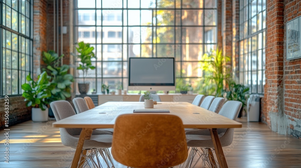 Fototapeta premium Modern office meeting room with natural light and high-quality desk setup