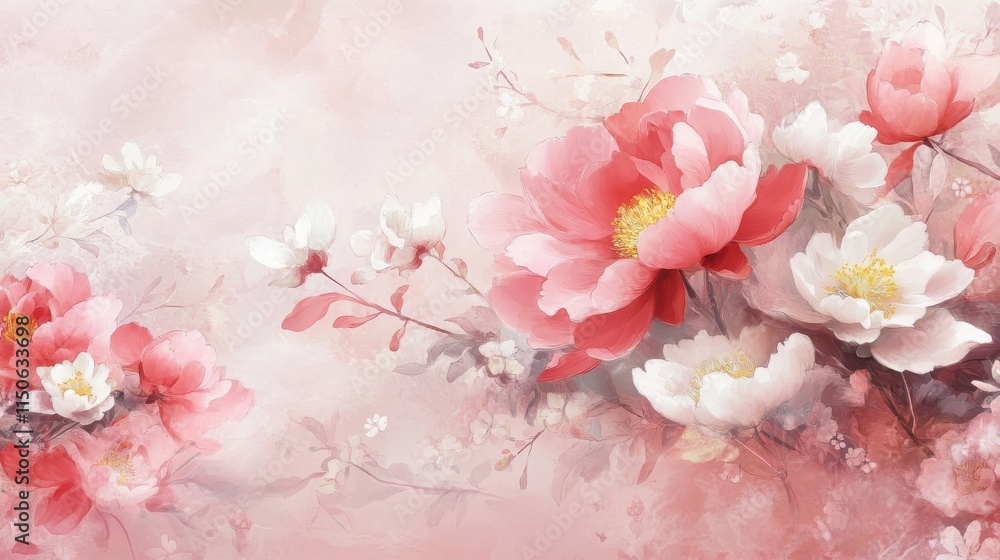 high contrast glowing transluscent pink peonies and white flowers scattered in mid air on a light pink background high contrast glowing transluscent pink peonies and white flowers scattered in mid air on a light pink background