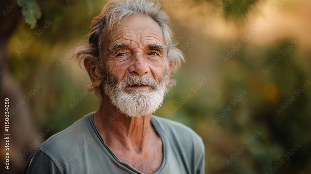 Natural light captures a smiling White man, surrounded by soft greenery, radiating warmth and joy Natural light captures a smiling White man, surrounded by soft greenery, radiating warmth and joy