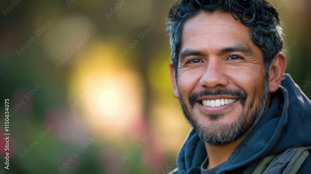 A smiling Hispanic man connects with nature in warm sunlight, showcasing authenticity and vibrant personality outdoors. A smiling Hispanic man connects with nature in warm sunlight, showcasing authenticity and vibrant personality outdoors.