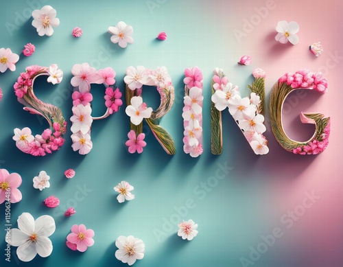 The word spring spelled out in spring flower blossoms on a light background with flowers strewn around photo