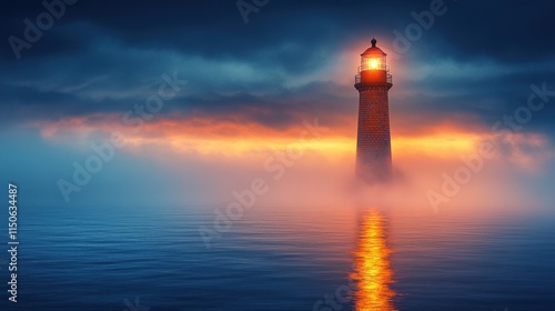 A lighthouse stands tall amidst fog, illuminated by a glowing light at sunset.