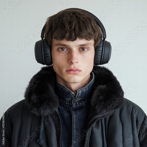 Close-up of a young man with a serious expression, wearing a fur-lined jacket and large headphones against a neutral backdrop photo