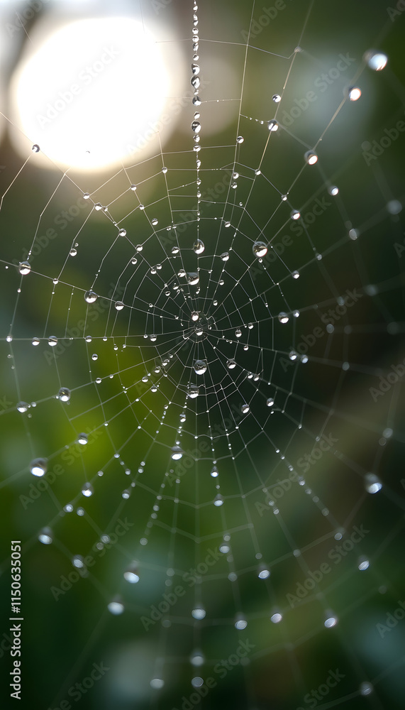 Naklejka premium Dew Drops on Spider Web with Bokeh for Nature and Beauty with copy space text for nature and beauty websites, professional photography, with white tones