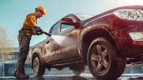 A car wash worker using a high-pressure jet to clean the roof of a pickup truck.