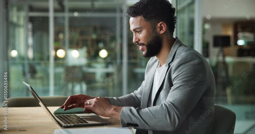 Typing, employee and man in office, laptop and internet with connection, journalist and network. Consultant, professional or computer with digital app, research for article and website info with idea