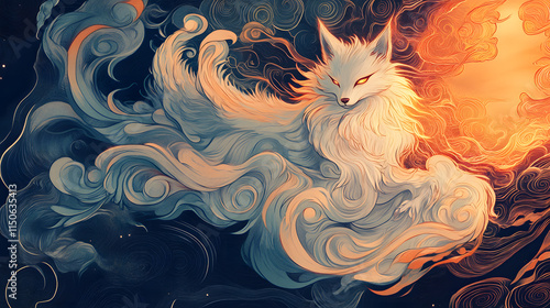 A celestial design of a kitsune with glowing fiery tails.