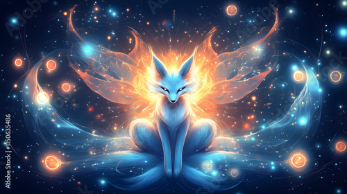 A celestial design of a nine-tailed fox surrounded by glowing orbs.