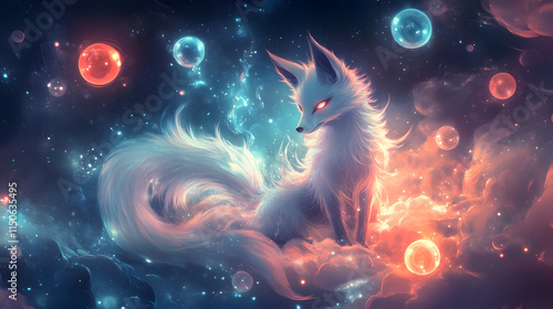 A celestial design of a nine-tailed fox surrounded by glowing orbs.