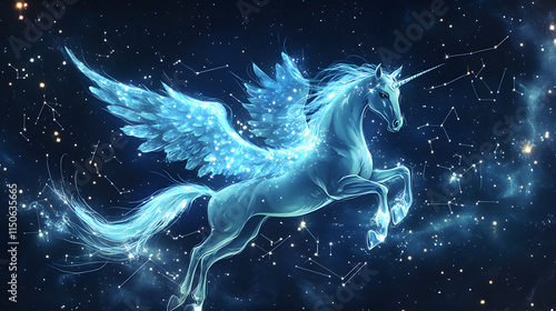 A celestial design of a pegasus flying through glowing constellations.