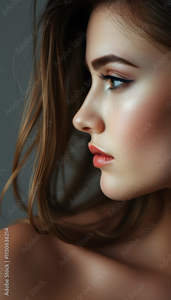 Fototapeta premium Profile of beautiful young female model, close-up, with white tones