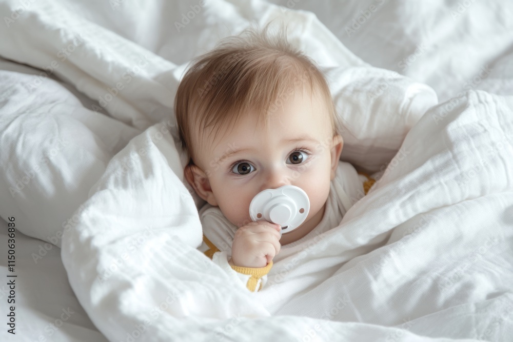 The baby under blanket. Close up of infant child with pacifier covering by white blanket. Charming blue-eyed baby 6-7 month old lying in bed sucks a nipple in bath towel. Comfortable childhood