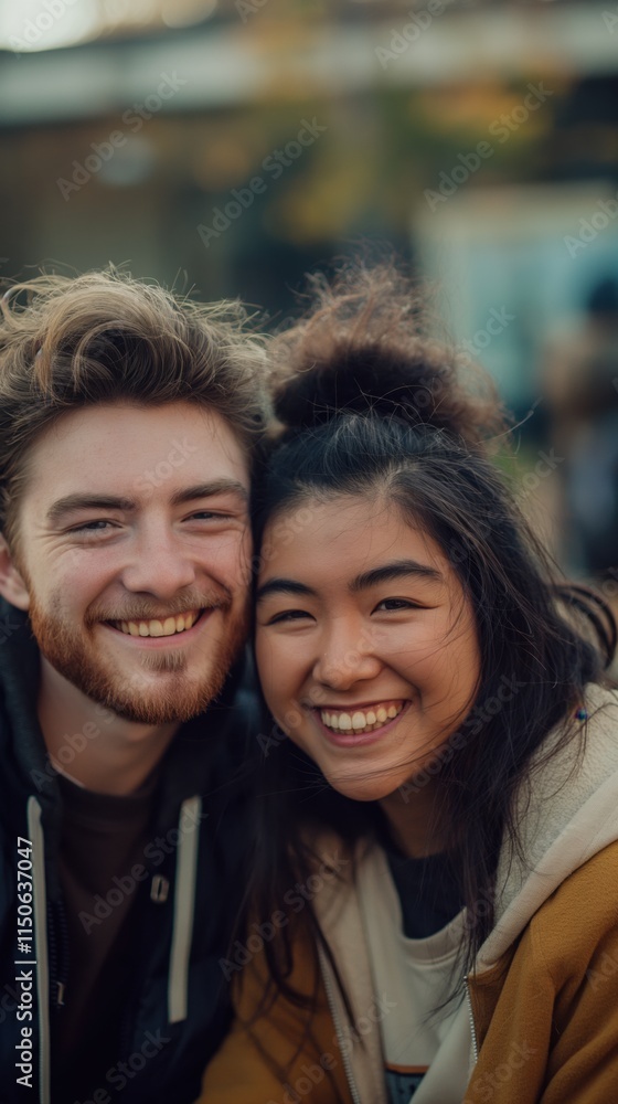 Fototapeta premium Two university students express joy together, capturing the vibrant essence of campus life in beautiful natural light