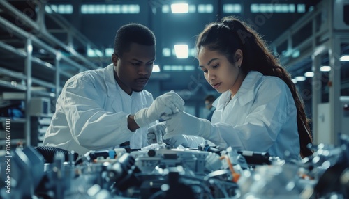 Mechanics collaborating in a pristine garage, perfecting a sophisticated machine together photo