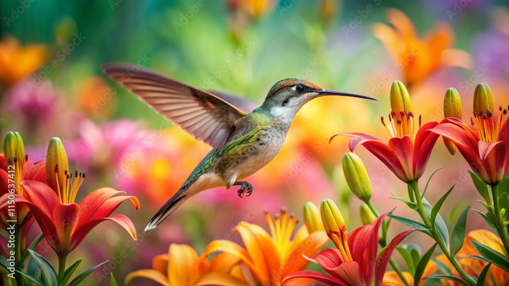 Fototapeta premium Hummingbird hovering near vibrant lilies with a lush panoramic background